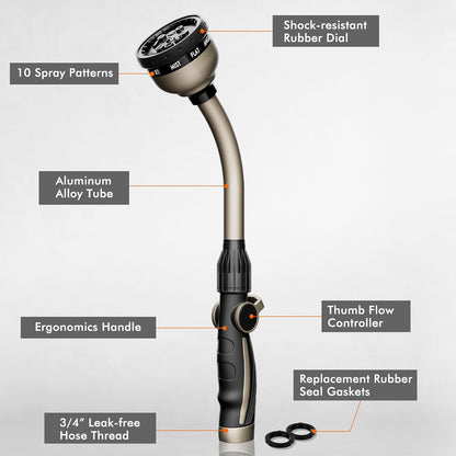 RESTMO Watering Wand Heavy Duty, Metal Garden Hose Wand with 10 Spray Patterns, 15-Inch Long Hose Nozzle Sprayer with Thumb Flow