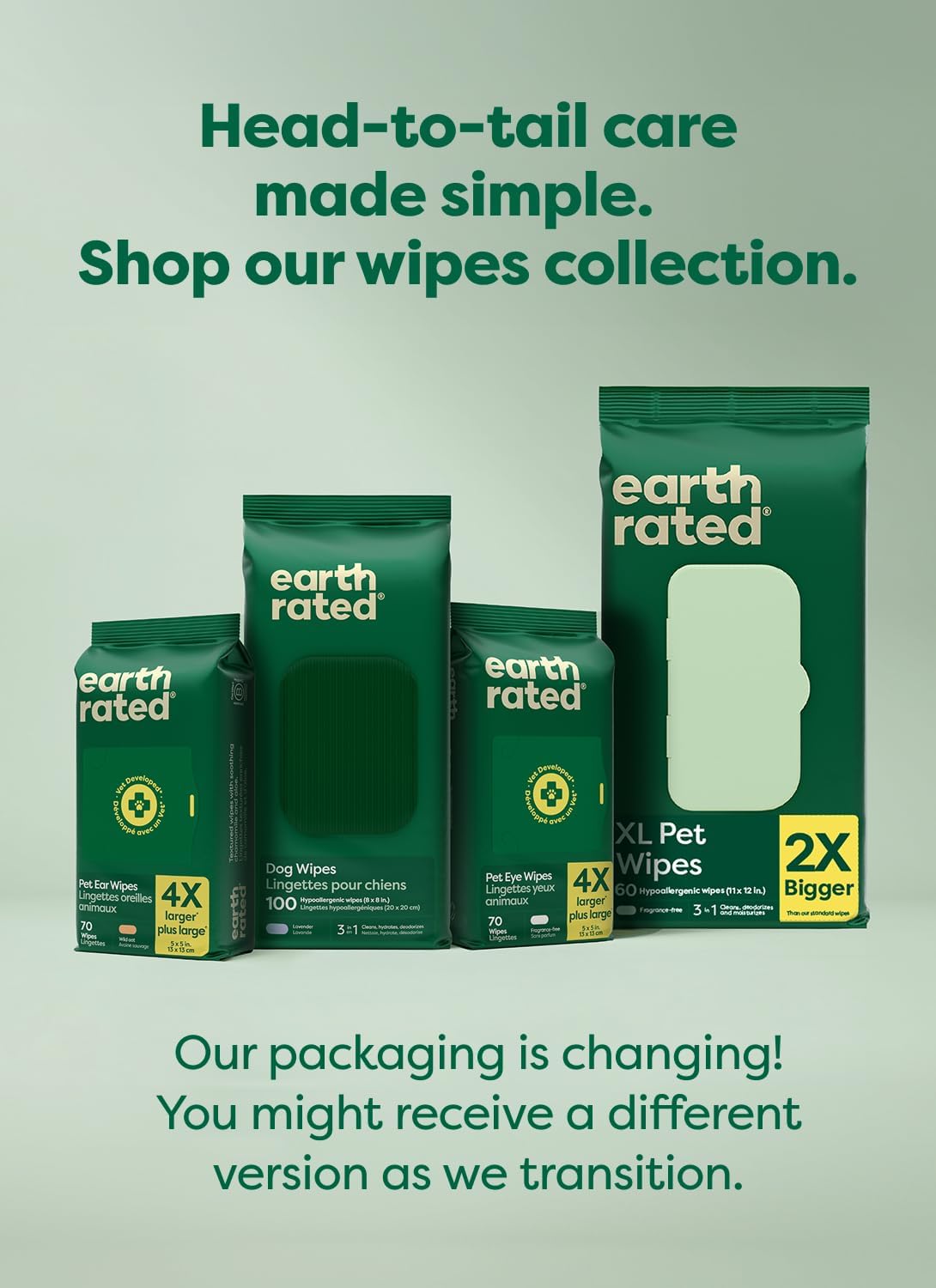 Earth Rated Pet Wipes for Dogs and Cats, Hypoallergenic, 3-in-1 Cleaning, Deodorizing and Hydrating, for Grooming Paws, Body and Butt