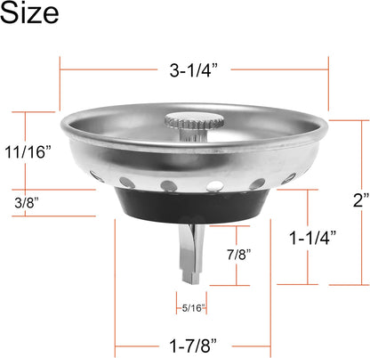 2 Pack - Kitchen Sink Strainer and Stopper Combo Basket Replacement for Standard 3-1/2 inch Drain, Stainless Steel Basket with Plastic