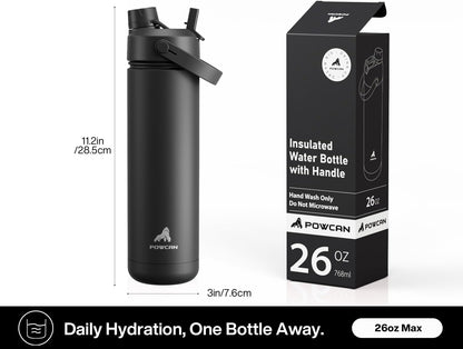 POWCAN 26 oz Insulated Water Bottle with 2-in-1 Straw and Spout Lid, Keep Cold 24H, Leak-Proof, Fits in Car Cup