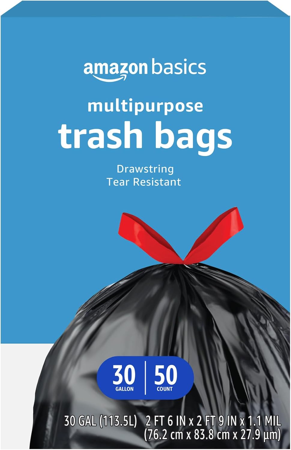 Amazon Basics Multipurpose Drawstring Trash Bags, 30 Gallon Capacity, Tear Resistant, 50 Count