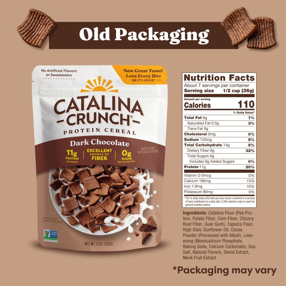 Catalina Crunch Protein Cereal - Sugar Free Breakfast Cereal with 11g of Protein - Gluten Free - Dark Chocolate - 9 oz. Bag (Packaging May Vary)