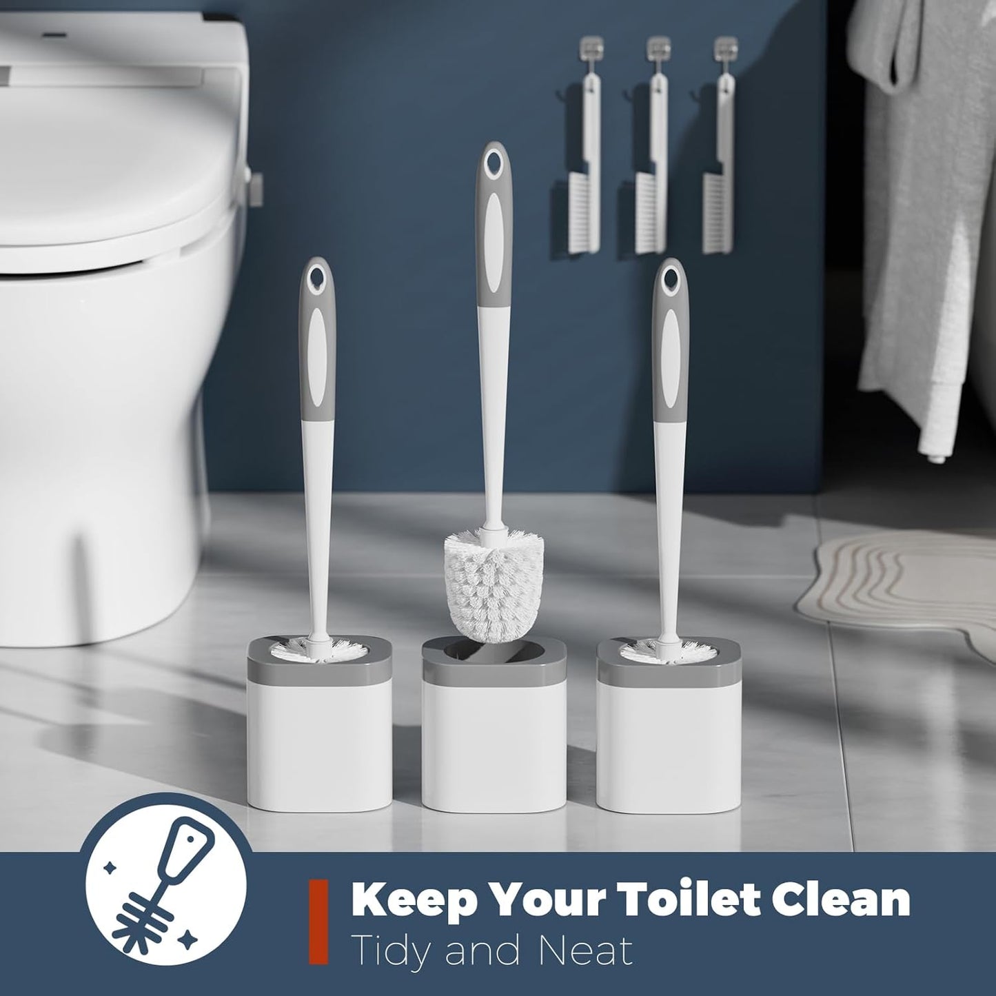 Holaloha Toilet Brush, 3 Pack Toilet Brush and Holder Set Bathroom Accessories, Toilet Bowl Brush and Holder with 3 Crevice Brush for