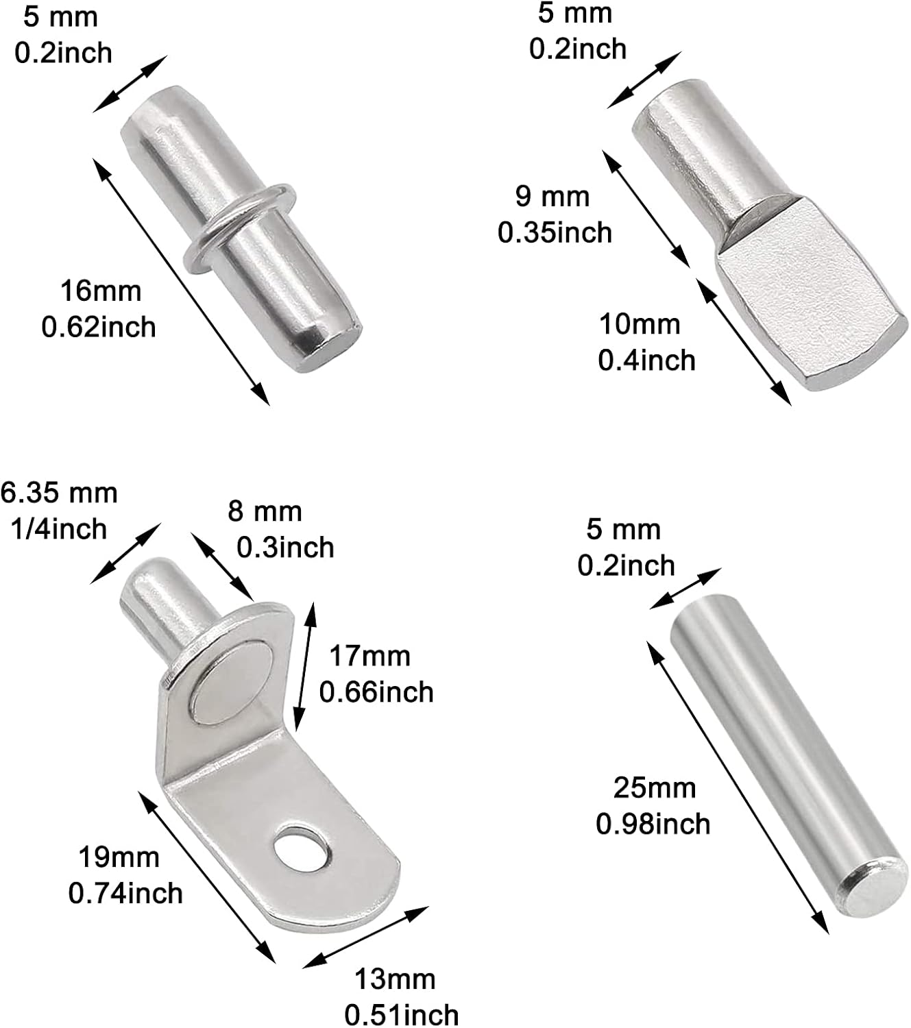 104Pcs Shelf Pins Kit,4 Styles Nickel Plated Shelf Support Pegs,Bookshelf Pegs for