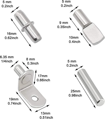 104Pcs Shelf Pins Kit,4 Styles Nickel Plated Shelf Support Pegs,Bookshelf Pegs for