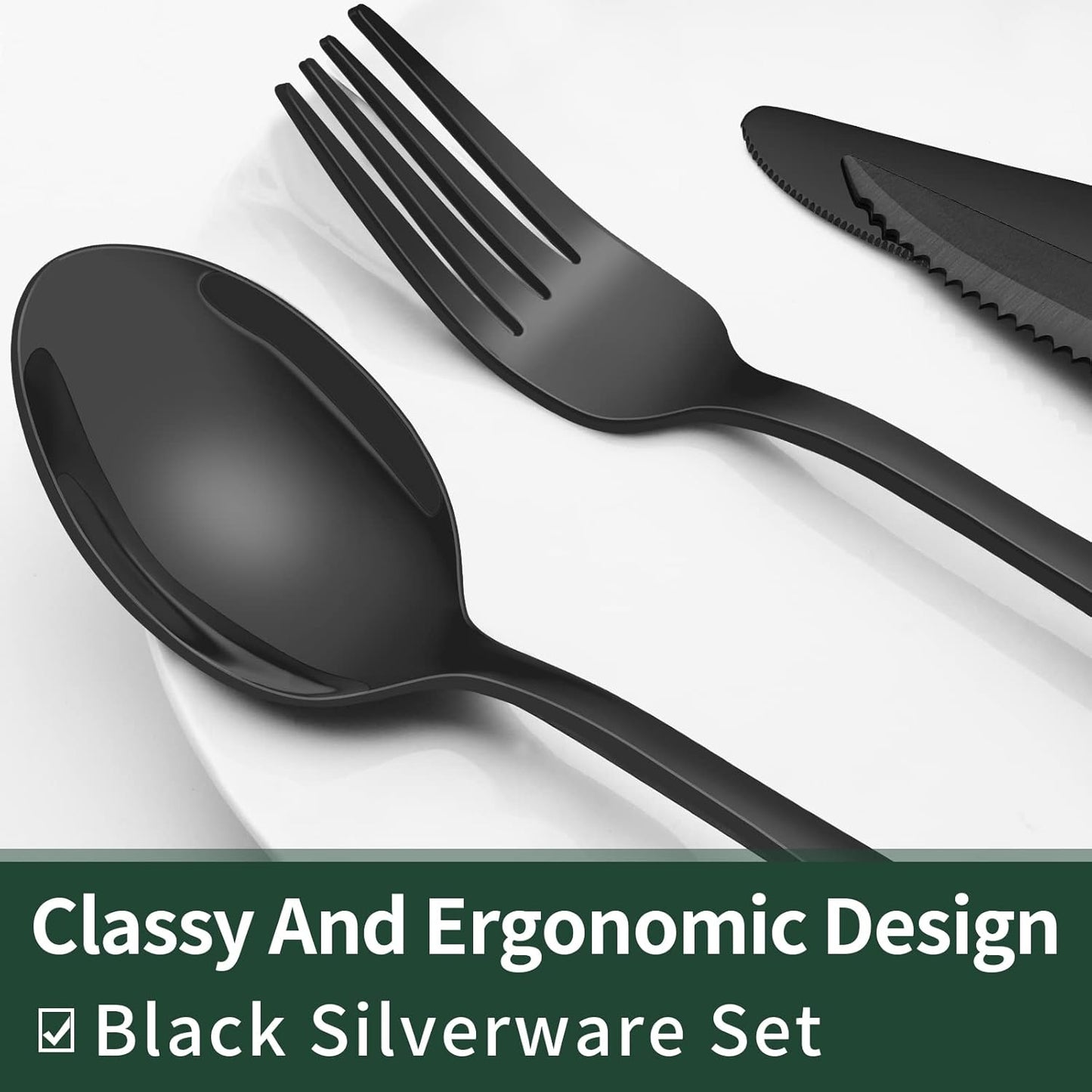 EWFEN 24-Piece Black Silverware Set with Steak Knives, Black Flatware Set for 4, Food-Grade Stainless Steel Tableware Cutlery