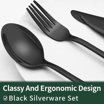 EWFEN 24-Piece Black Silverware Set with Steak Knives, Black Flatware Set for 4, Food-Grade Stainless Steel Tableware Cutlery