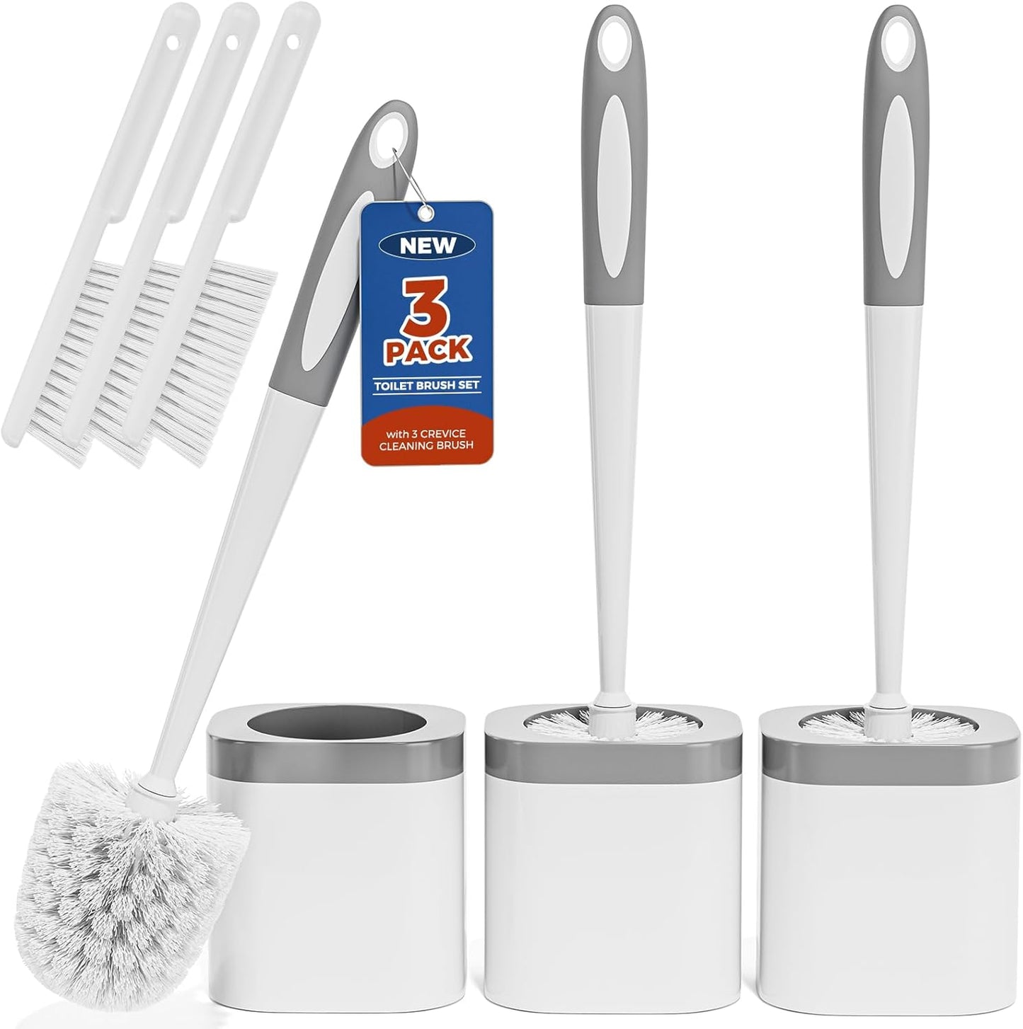 Holaloha Toilet Brush, 3 Pack Toilet Brush and Holder Set Bathroom Accessories, Toilet Bowl Brush and Holder with 3 Crevice Brush for