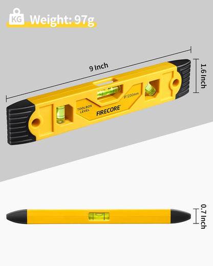 Torpedo Level Magnetic, Firecore 9 Inch Shockproof Small Leveler Tool with 3 Bubble Spirit Level 45 90 180