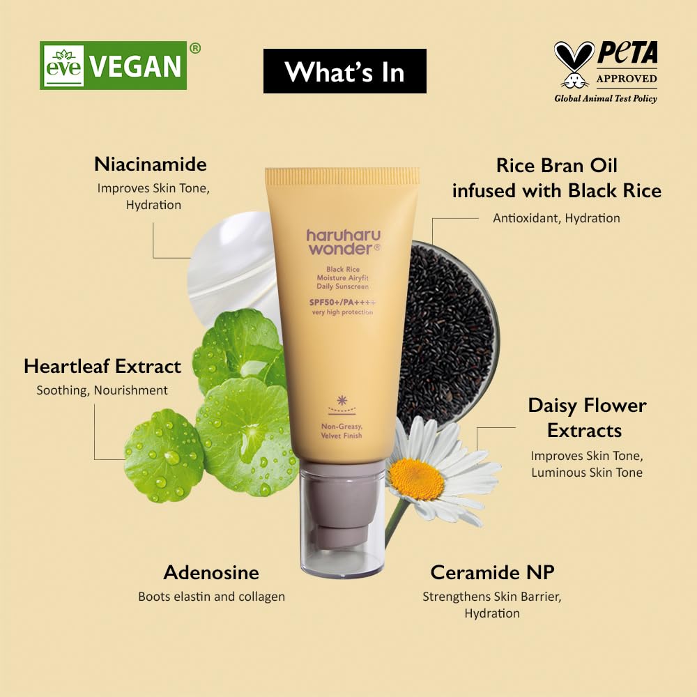Haruharu Wonder Black Rice Moisture Airyfit Daily Sunscreen 1.69fl.oz - Velvet Finish, No White Cast, Hydrating, Moisturizing, Korean Skin