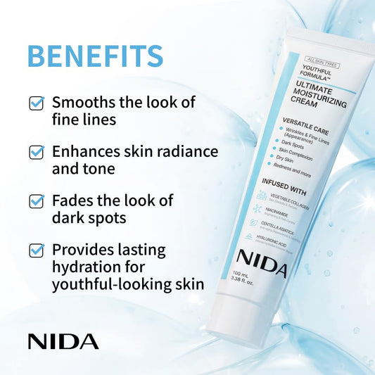 NIDA Youthful Formula Ultimate Moisturizing Cream, Centella Asiatica, Niacinamide, Hyaluronic Acid, Collagen, Wrinkles, Fine Lines, Dark