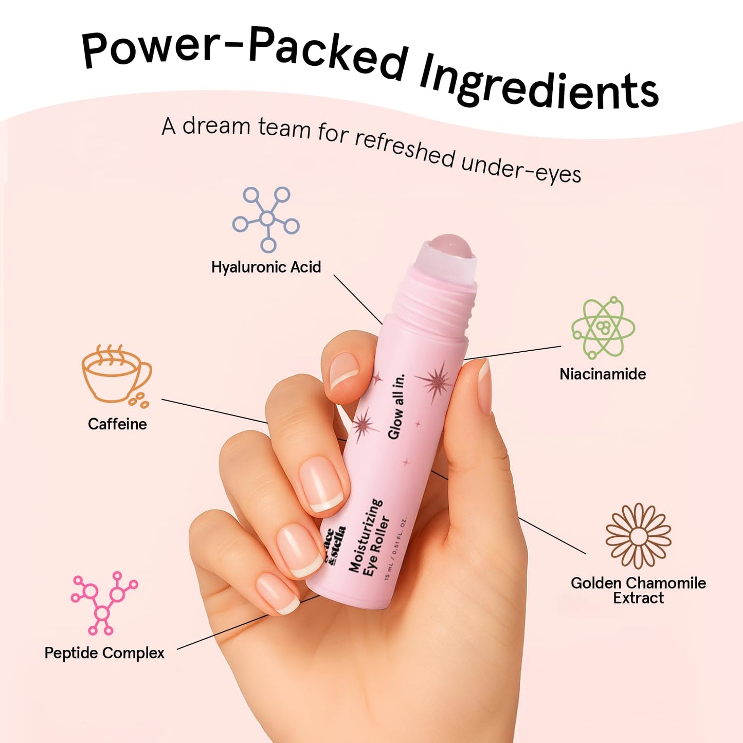 grace & stella Under Eye Brightener with Rose Quartz Rollerball - Centella Asiatica & Caffeine Under Eye Serum for Dark Circles & Puffiness - Travel