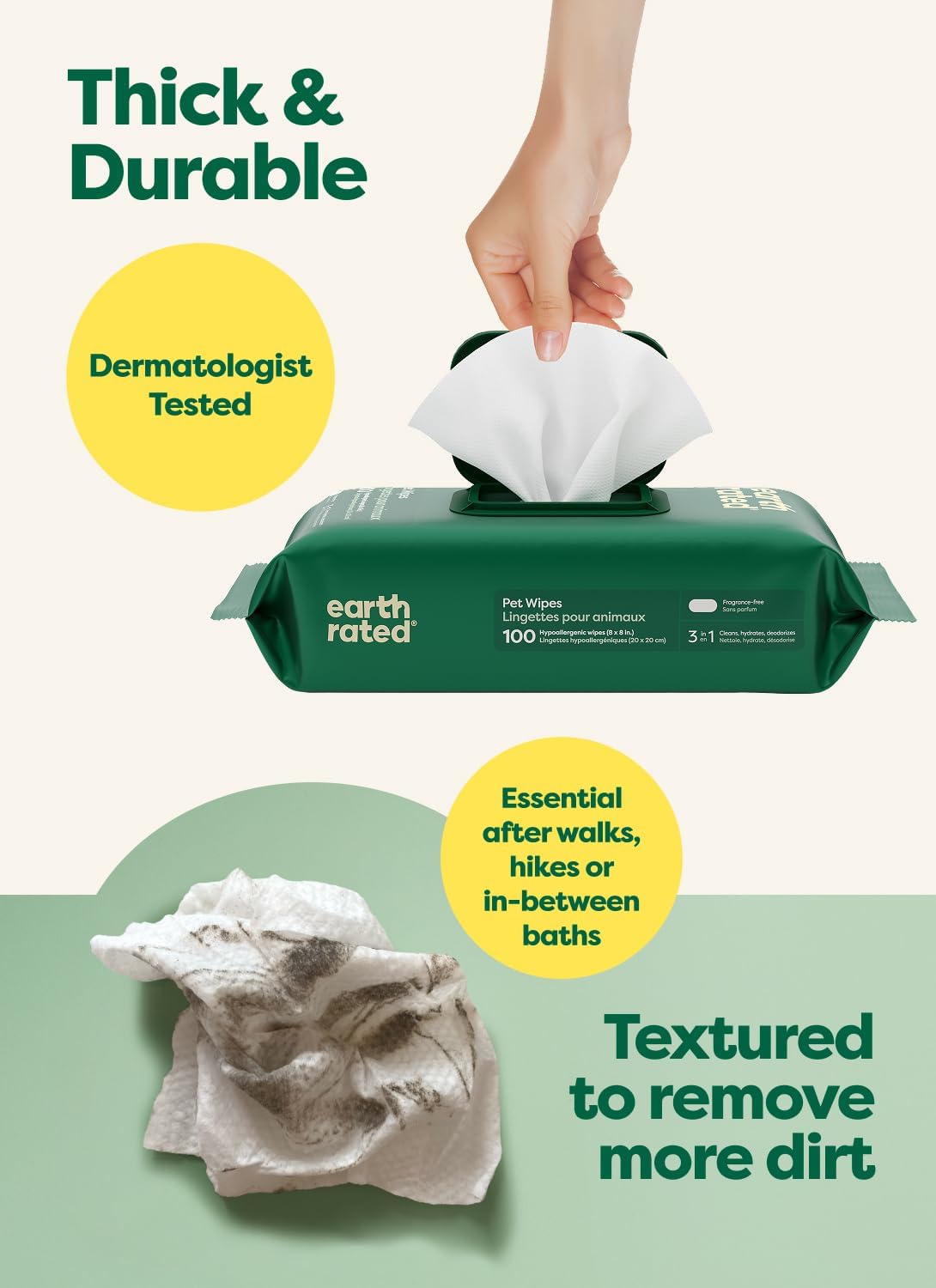Earth Rated Pet Wipes for Dogs and Cats, Hypoallergenic, 3-in-1 Cleaning, Deodorizing and Hydrating, for Grooming Paws, Body and Butt
