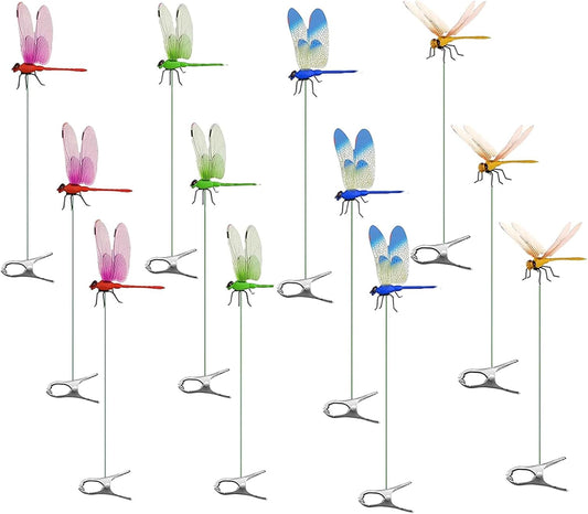 12 Pack Dragonfly Clip,Fake Dragonflies, Humming Bird Stakes Fake, Plastics Dragonfly for Garden Stakes Decor Yard Ornaments for Hat,Deer and