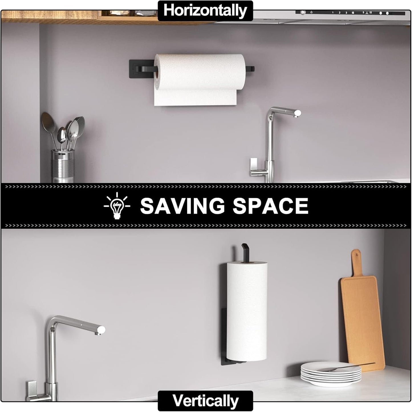 Paper Towel Holder - Self-Adhesive or Drilling, Matte Black, Upgraded Aluminum Kitchen Roll Dispenser Under