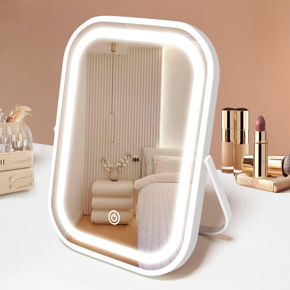 YEKKOPT Travel Makeup Mirror with Lights, Portable Small Beauty LED Vanity Mirror with Lights, 1200mAh Battery, Dimmable Touch