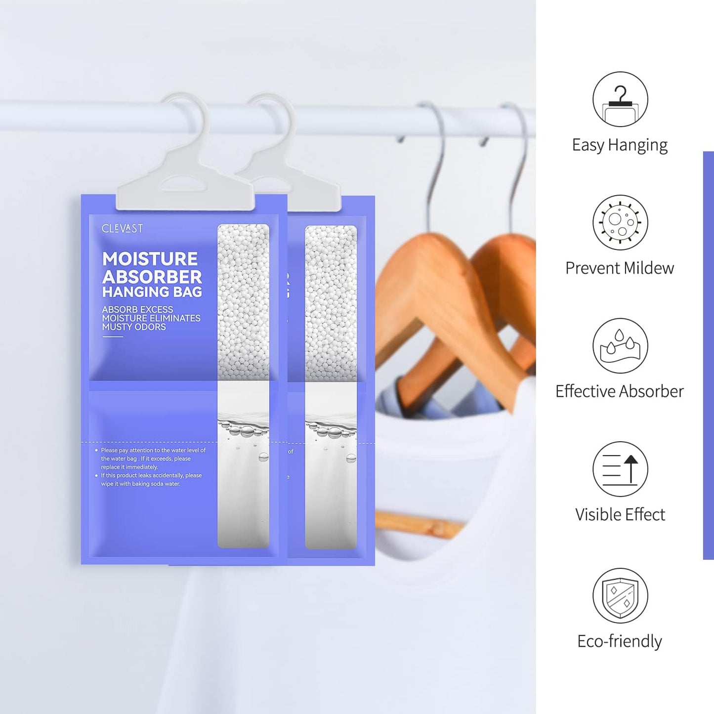 CLEVAST Moisture Absorbers Packets 10 Pack, Dehumidifier Bags for Closet, Unscented Hanging Humidity Absorber in Wardrobes