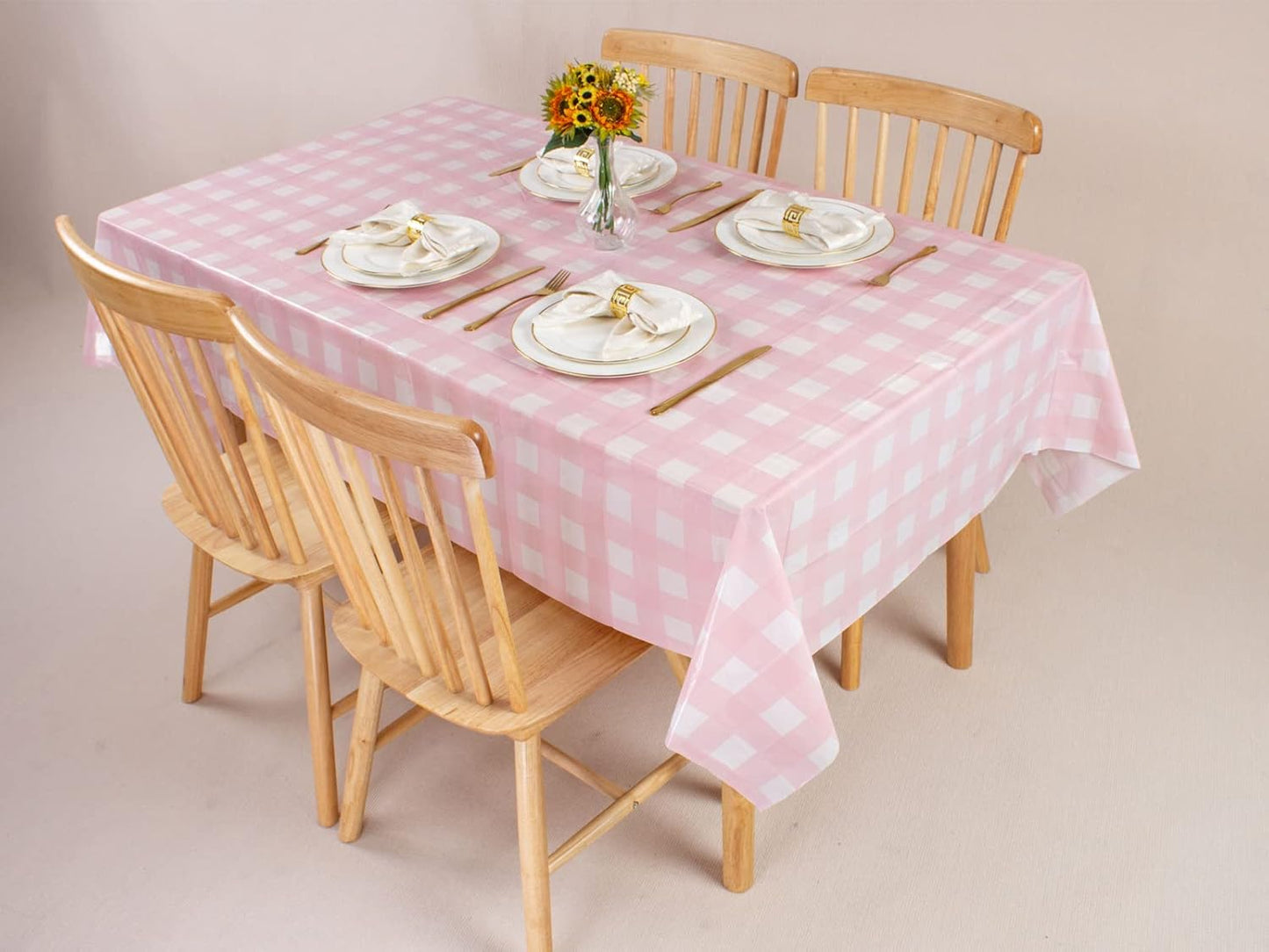 Kesfey 3 Packs Pink Gingham Tablecloth Pink and White Checkered Tablecloths 54 x 108 Inches Disposable Plastic Gingham Tablecovers Waterproof