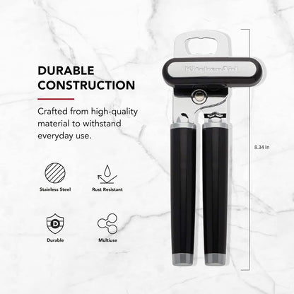 KitchenAid Classic Multifunction Can Opener and Bottle Opener Easy to Use, Razor Sharp Stainless Steel Cutting Wheel, Soft Ergonomic Handles, Black