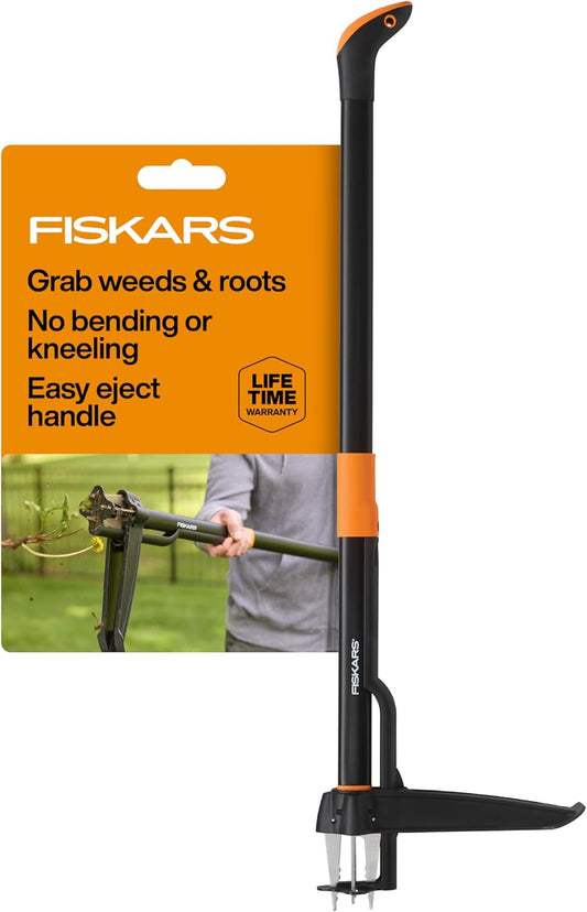 Fiskars Stand-Up Weed Puller Tool, 4 Serrated Stainless Steel Claws Grip Roots for Permanent Removal, Reinforced Foot Platform Penetrates Tough