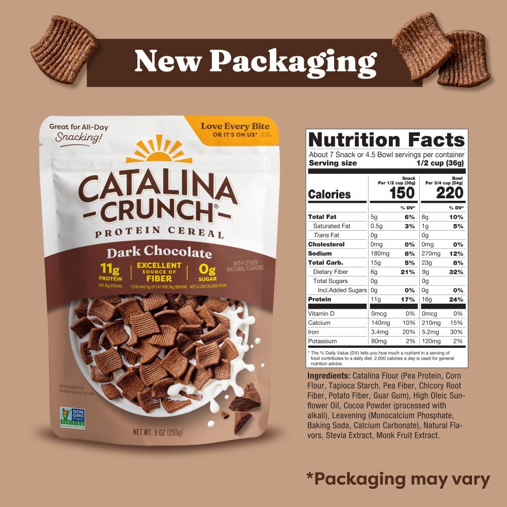 Catalina Crunch Protein Cereal - Sugar Free Breakfast Cereal with 11g of Protein - Gluten Free - Dark Chocolate - 9 oz. Bag (Packaging May Vary)