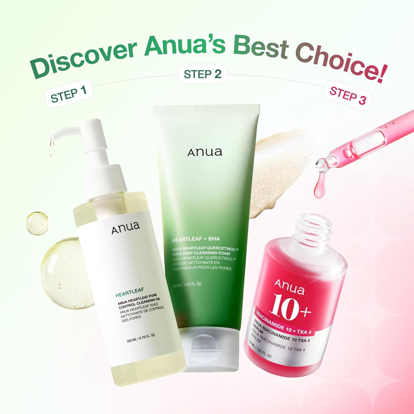 Anua 3-Step Glass Skin Beginner Set, Oil Cleanser and Face Wash with Facial Serum, Double Cleansing Daily Routine with