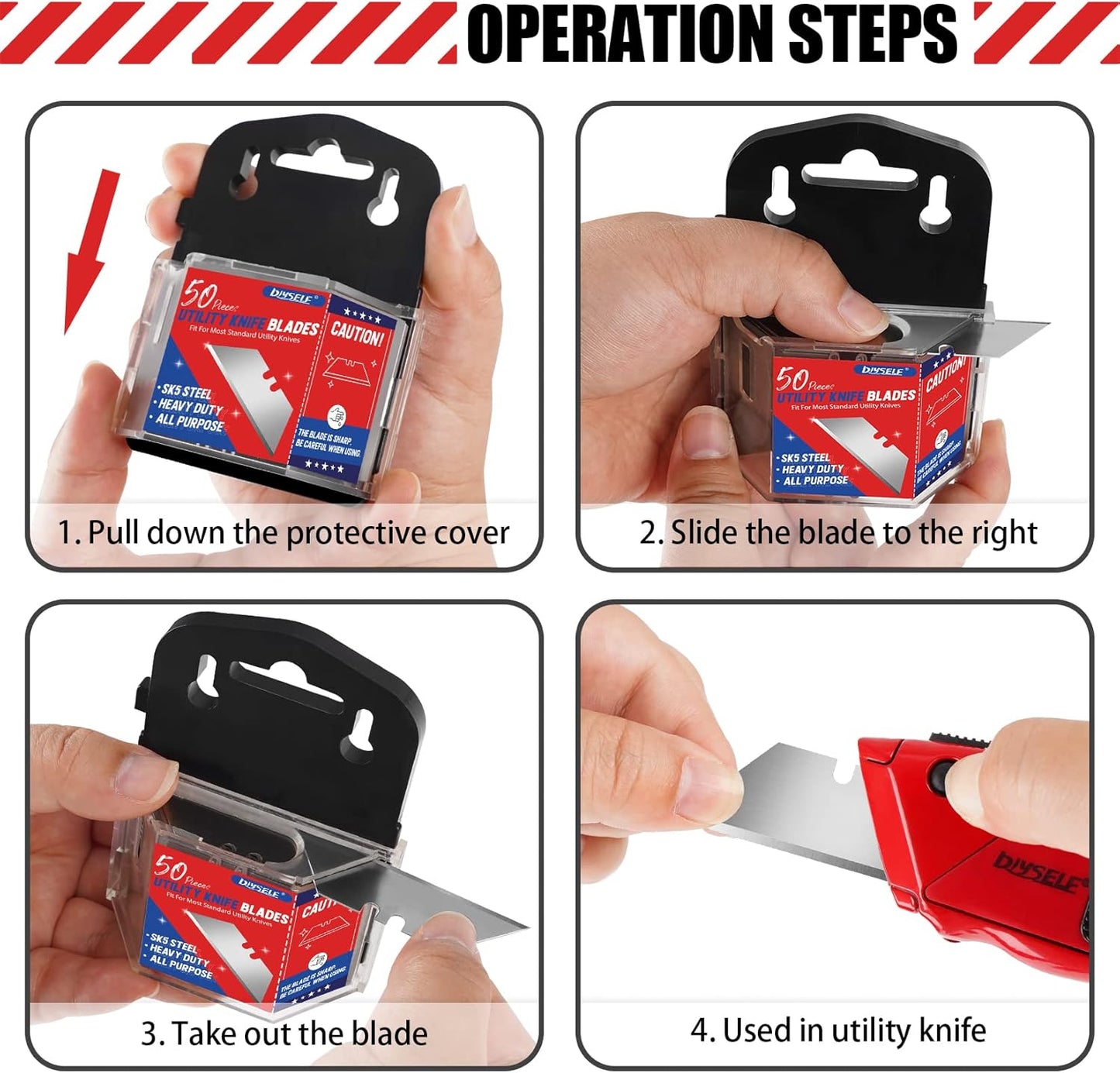 DIYSELF 50 Pack Utility Knife Blades, SK5 Steel Box Cutter Blades with Dispenser, Standard Blades for Box Cutter Utility Knife