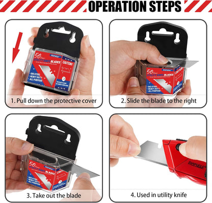 DIYSELF 50 Pack Utility Knife Blades, SK5 Steel Box Cutter Blades with Dispenser, Standard Blades for Box Cutter Utility Knife