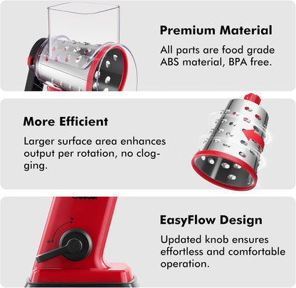 Geedel Rotary Cheese Grater, Kitchen Mandoline Vegetable Slicer with 3 Interchangeable Blades, Easy to Clean Rotary Grater Slicer for