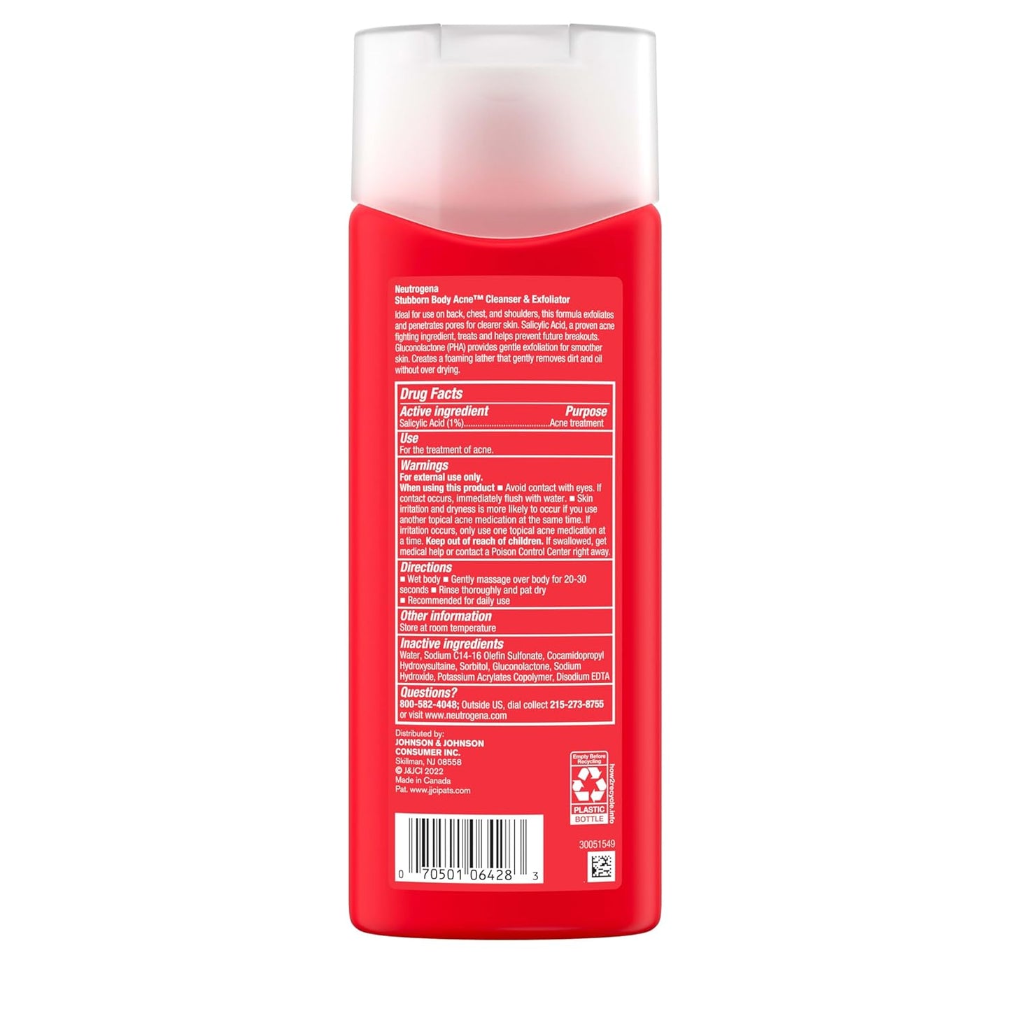 Neutrogena Salicylic Acid & PHA Stubborn Acne Body Wash, Exfoliating Cleanser Acne Treatment for Chest & Shoulder, Gently