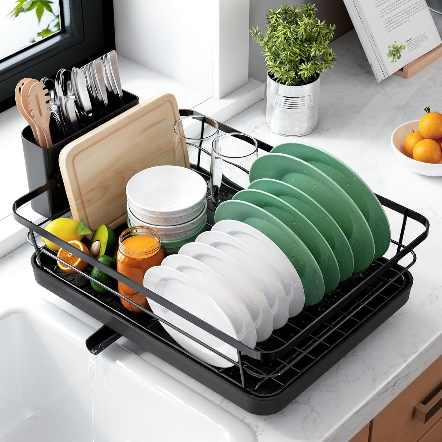Kitsure Dish Drying Rack for Kitchen Counter, Stainless Steel Sink Organization and Storage Essentials with Cutlery Holder, Home and Appartment