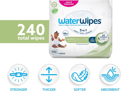 WaterWipes Sensitive+ Baby & Toddler Wipes, 3-In-1 Cleans, Cares, Protects, 99.9% Water, Textured Clean, Unscented &