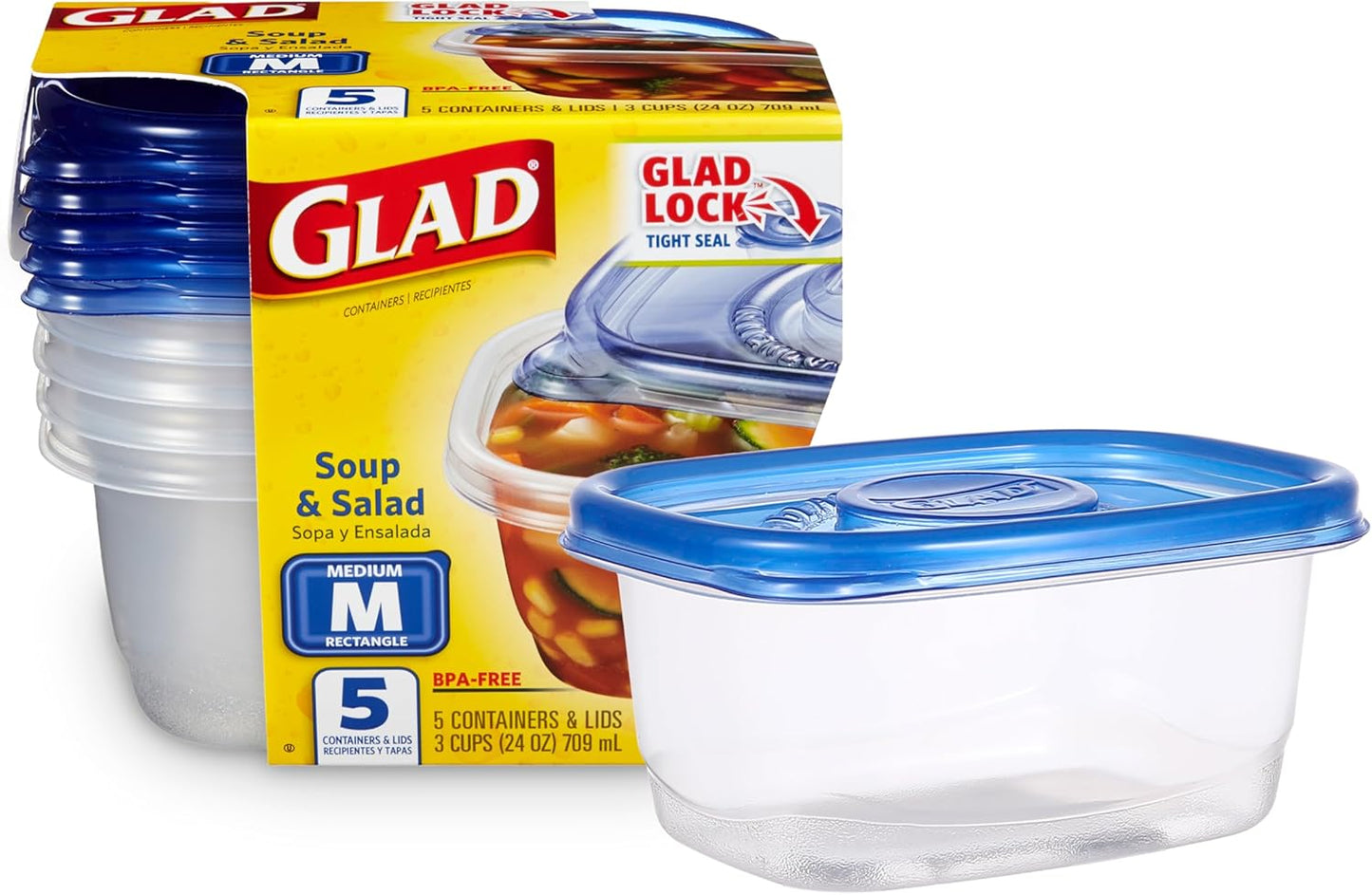 Glad GladWare Medium Rectangle Food Storage Containers with Lids, BPA Free Plastic for Soups Salads and Meal Prep, Airtight Leak