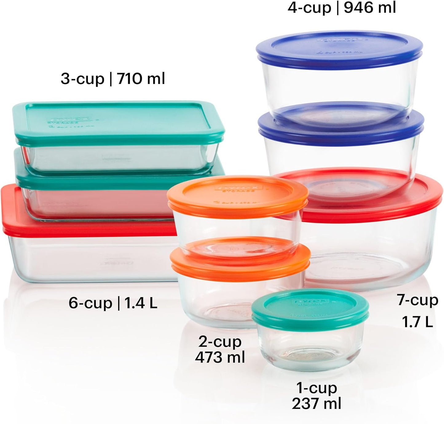 Pyrex Simply Store (9-Pack) Mixed Sized Glass Food Storage Set, Round & Rectangular Containers With Plastic Lids