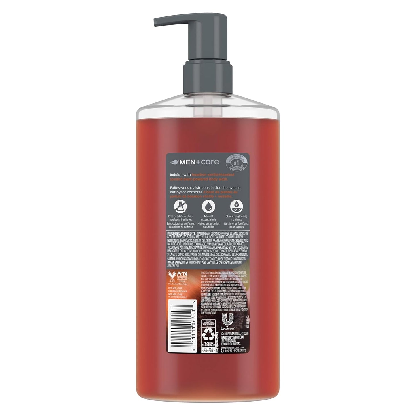 DOVE MEN Moisturizing Body Wash, Dermatologist Body Wash for Men, Sulfate Free, Paraben Free, & Dye Free, Bourbon Vanilla + Hazelnut, 26oz
