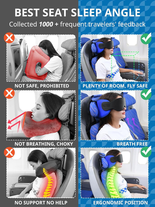 SARISUN Travel Pillows for Airplanes, Airplane Pillow for Long Flight, Airplane Head Strap with Eye Mask for