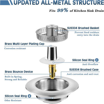 Kitchen Sink Drain Strainer 3 in 1, 304 Stainless Steel Pop Up Sink