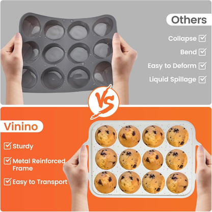Vinino 2Pack Silicone Muffin Pan for Baking with Metal Reinforced Frame, 12 Cup Regular Size Cupcake Pan, BPA Free Silicone Muffin