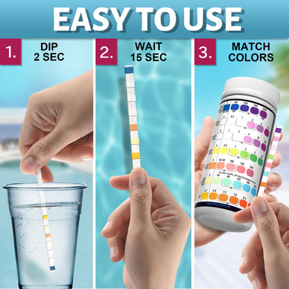 EASYTEST 7-Way Pool Test Strips, 150 Strips Water Chemical Testing for Hot tub and Spa, Accurate Test Bromine, Total Alkalinity, pH, Free