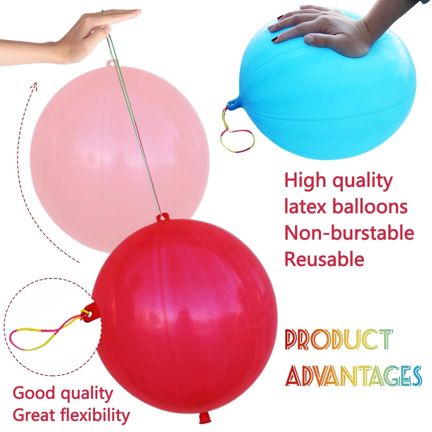LEEZZIZZ 30Pcs Punch Balloons, Thickened Neon Punching Balloon Heavy Duty Party Favors for Kids with Rubber Band