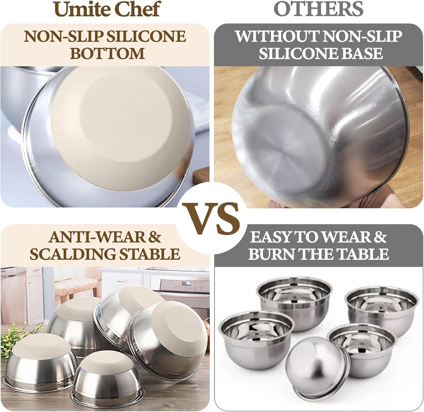 Umite Chef Mixing Bowls with Airtight Lids Set, 8PCS Stainless Steel Khaki Nesting Bowls with Grater Attachments, Kitchen Bowls with Non-Slip