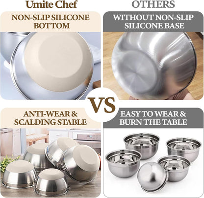 Umite Chef Mixing Bowls with Airtight Lids Set, 8PCS Stainless Steel Khaki Nesting Bowls with Grater Attachments, Kitchen Bowls with Non-Slip