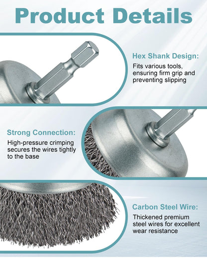 10 Pcs Wire Brush for Drill, Coarse Carbon Steel Crimping Wire Wheel Brush, 1/4 Inch Hex Shank, Cup Brush Drill Bit for Cleaning