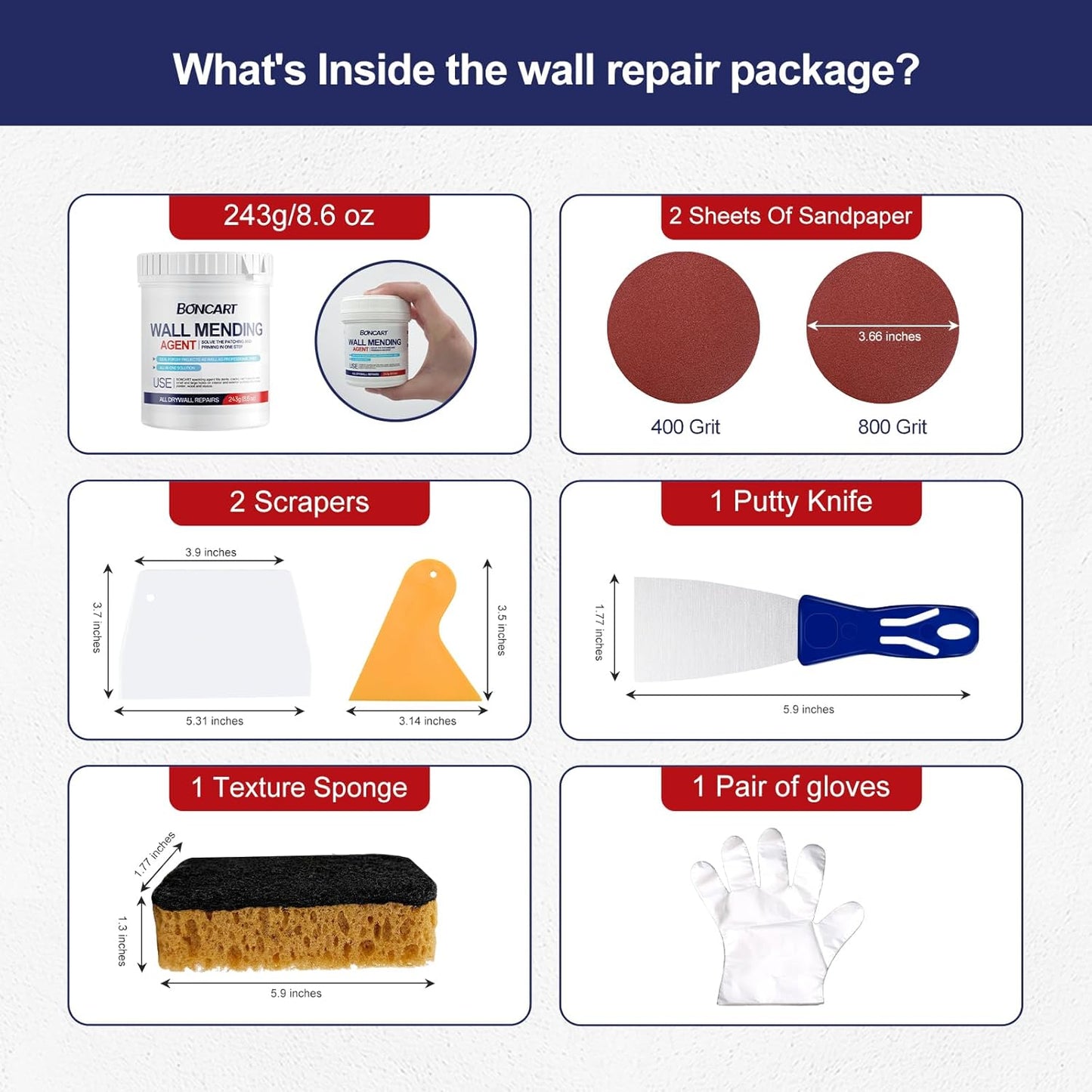 BONCART 8.6oz Drywall Patch Repair Kit - Professional All-in-1 Tool Set (Scrapers/Sandpaper/Texture Sponge/Gloves/Putty Knife) for Fast Wall Hole