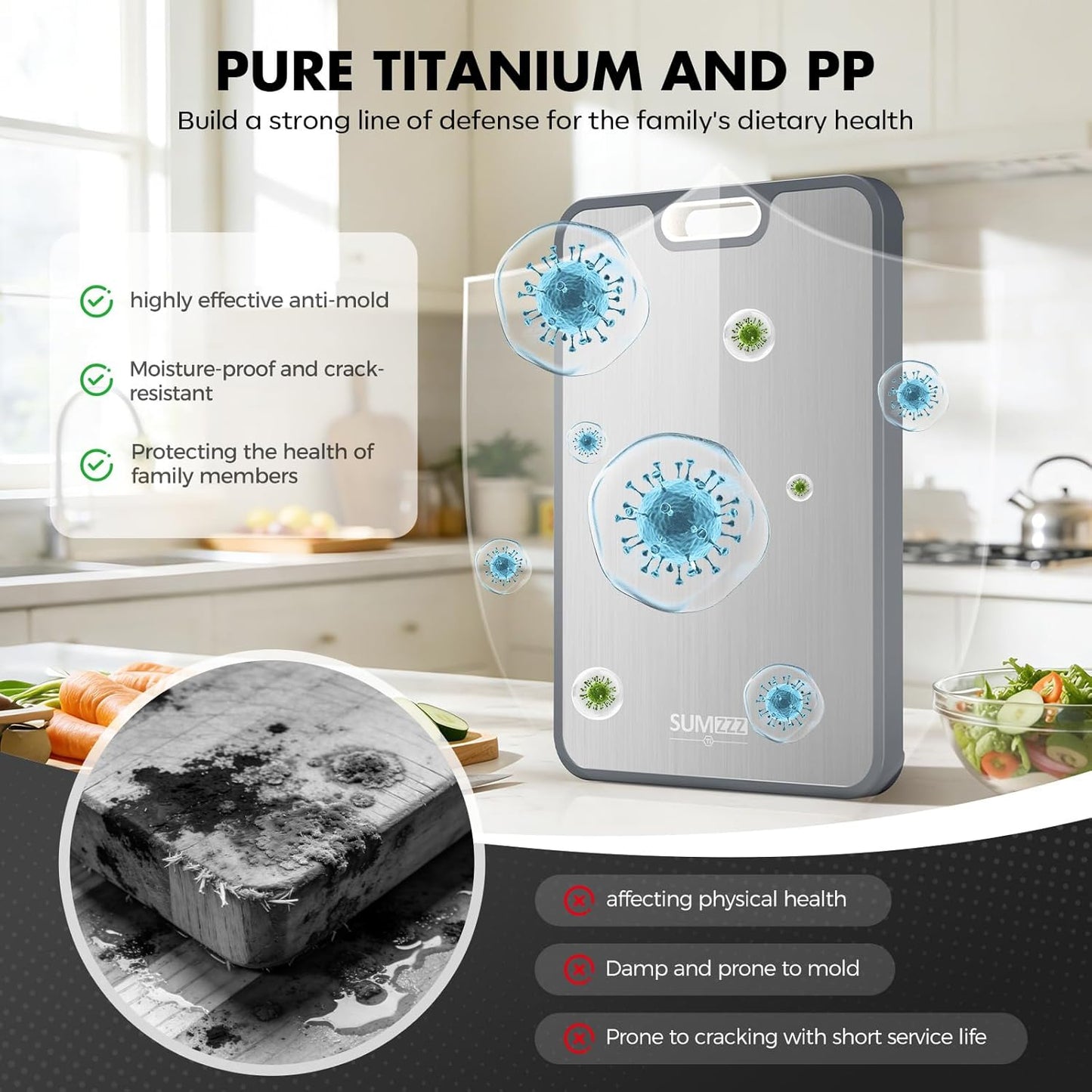 Sumzzz Titanium Cutting Board for Kitchen, Non Toxic 2-in-1 Cutting Board Double Sided Food Grade Pure