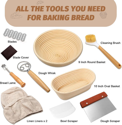 Sourdough Proofing Basket Gift Set, 9" Round and 10" Oval Banneton Bread Baking Supplies, Sourdough Baskets with Bread Lame, Danish