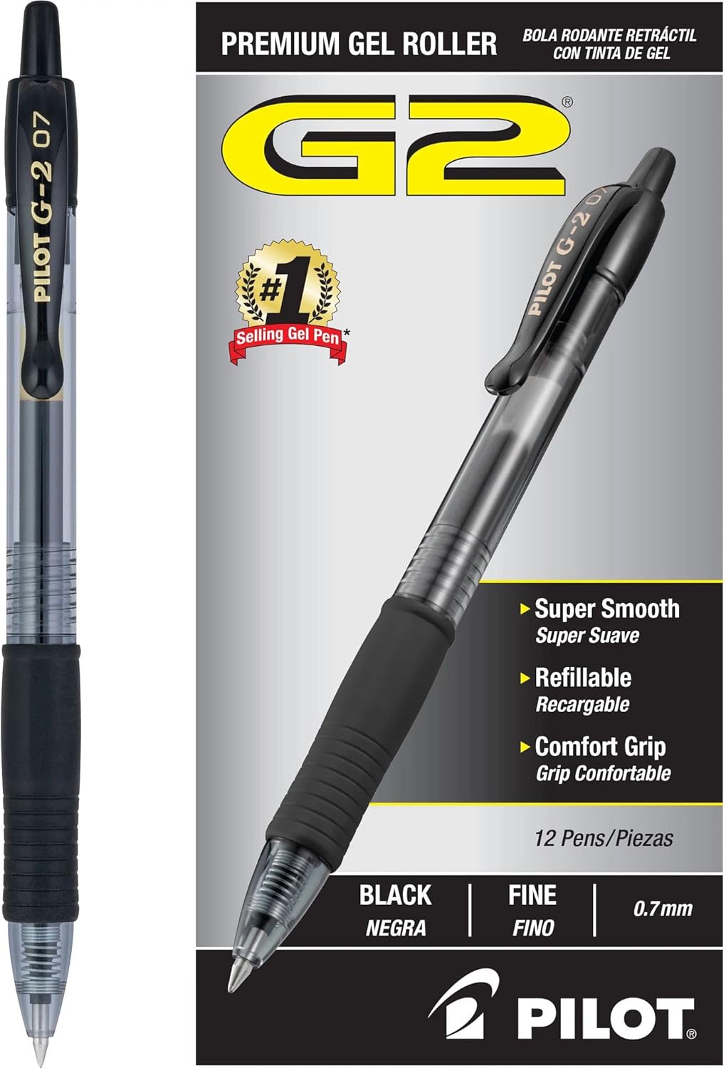 PILOT G2 Premium Refillable & Retractable Rolling Ball Gel Pens, Fine Point, Black Ink, 12 Count