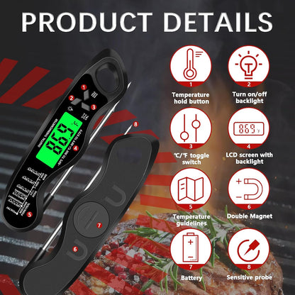 Meat Thermometer DigitalIP67 Waterproof Cooking Thermometer with Backlight, Calibration & Hold FunctionFood Thermometer for Cooking,Outdoor Grilling