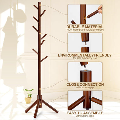 Solid Wooden Coat Rack Freestanding, New Zealand Pine Coat Tree with 8 Hooks & 3 Adjustable Sizes for Coats, Hats, Handbags and
