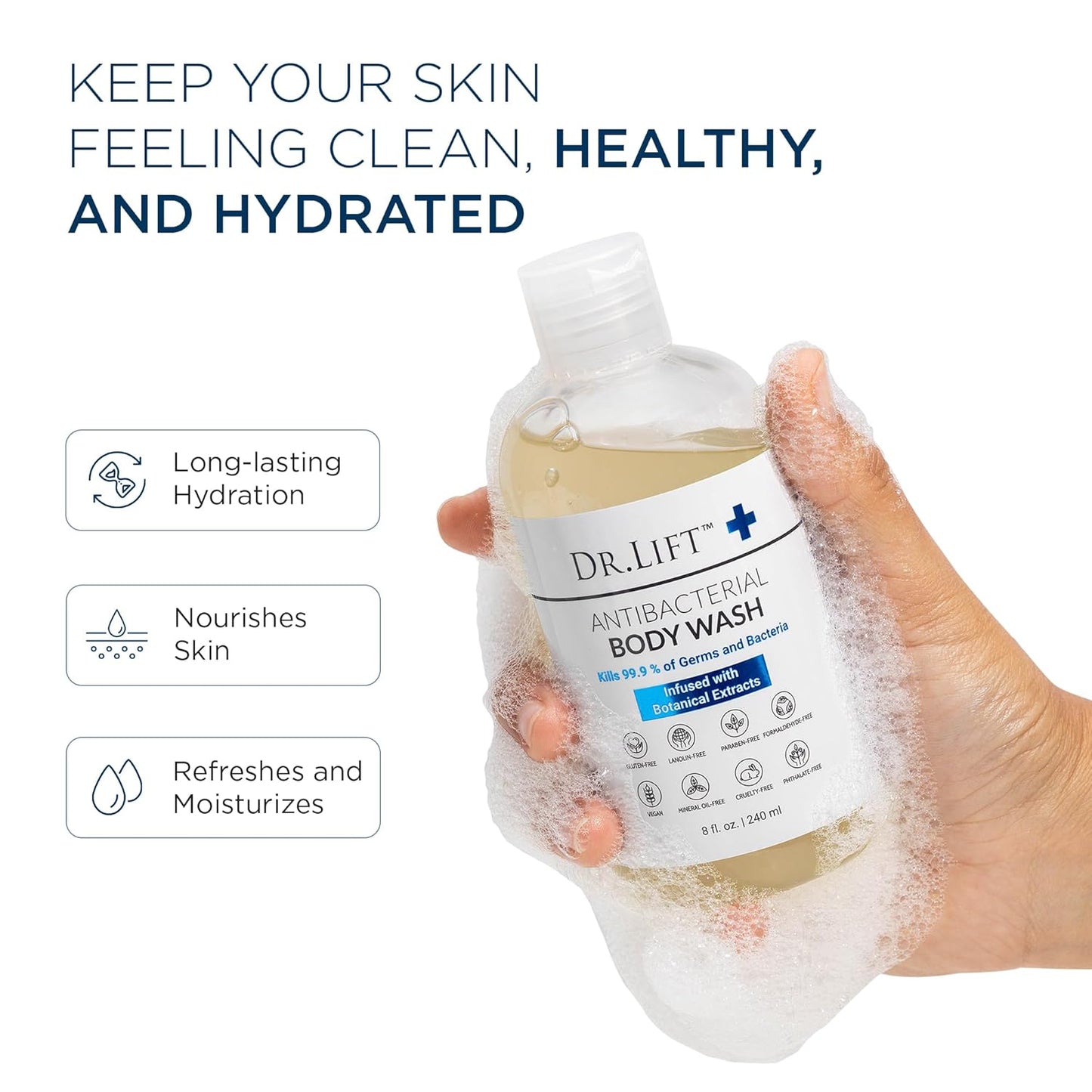 DR. LIFT Antibacterial Body Wash, Refreshing Scent, Hydrating Shower or Bath Cleanser With Citric Acid, Spirulina, and